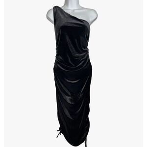 NWOT House of Harlow 1960 Black Velvet Ruched One Shoulder Romantic Midi Dress L